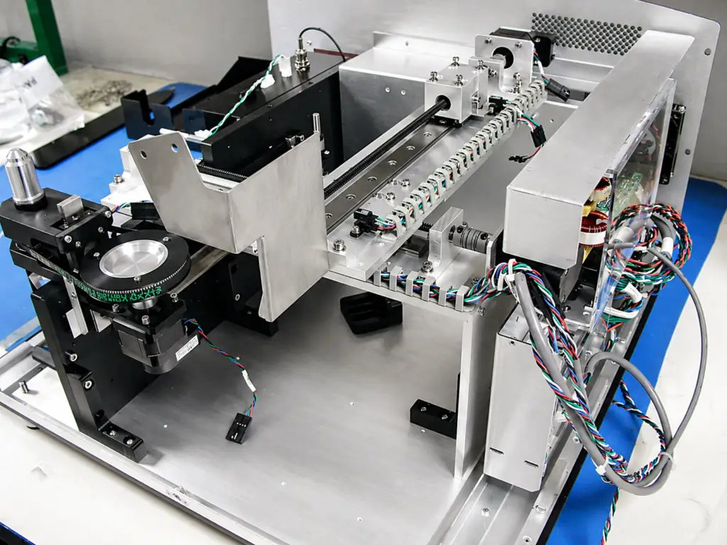 Image of an integrated electromechanical life science instrument used during subsystem integration and prototype testing.